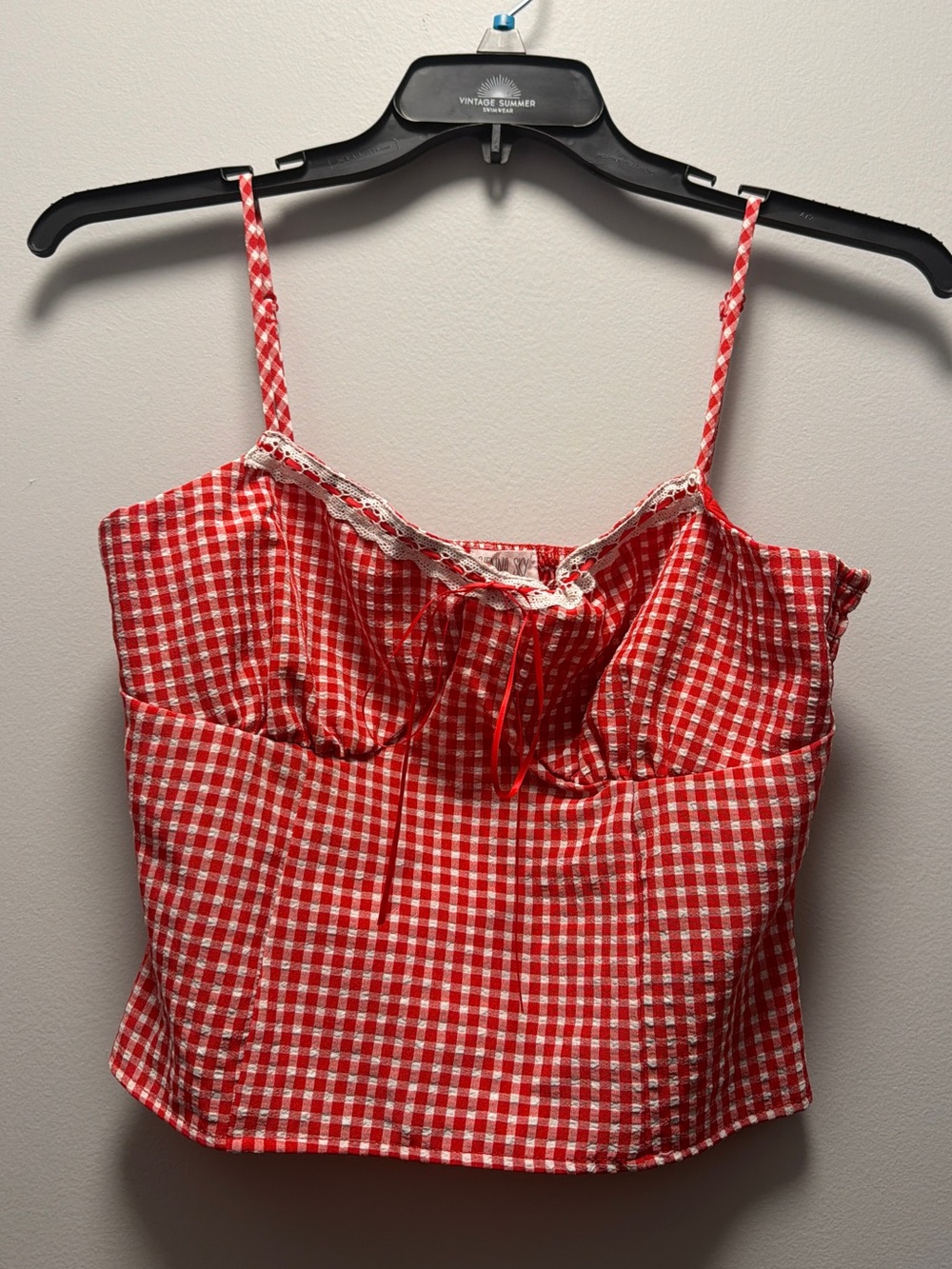 Sienna Sky Red and White Gingham Lace-Trim Cami